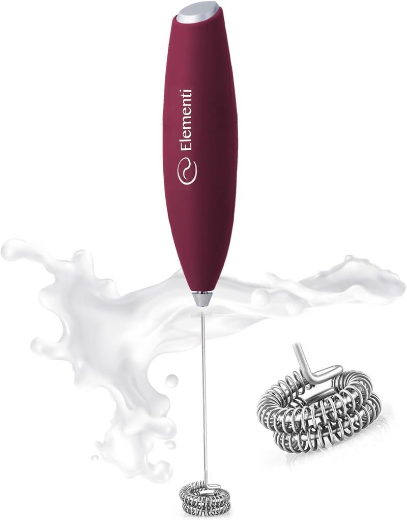 Elementi Milk Frother Wand - Easy to Use Handheld Electric Stirrer for Powder Drinks, Durable & Powerful Coffee Whisk & Protein Powder Mixer Wand, Hand Frother, Coffee Stirrers Electric (Burgundy) - Image 1